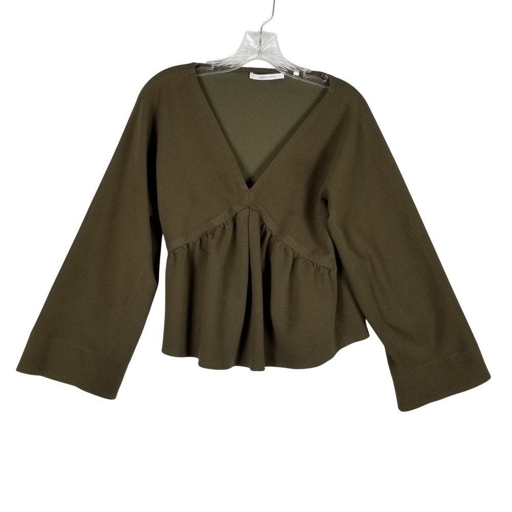 Rebecca Taylor Blouse Womens Medium Olive Green Peplum Bell Sleeve V-Neck Top